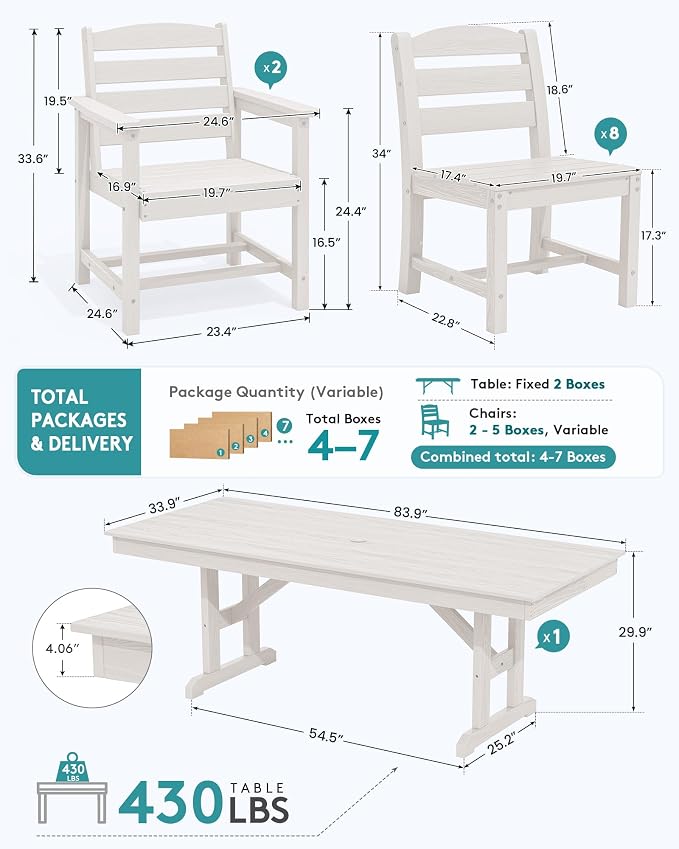 SERWALL 9 Piece Outdoor Dining Set, 84" HDPE Outdoor Table with 6 Armless Chairs and 2 Armchairs ，All Weather Patio Dining Furniture Set with Umbrella Hole for Backyard, Garden, White
