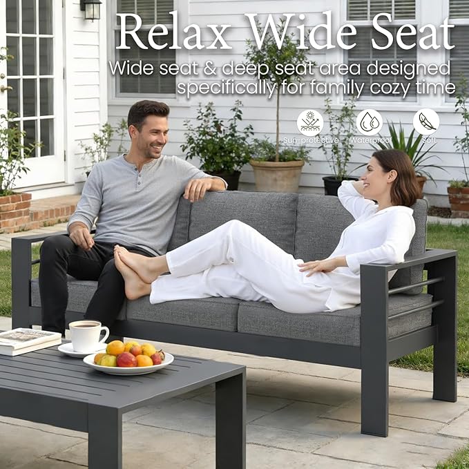 LayinSun Outdoor Aluminum Furniture Set, 5 Pieces Patio Sectional Conversation Chat Sofa Modern Seating Set with Coffee Table