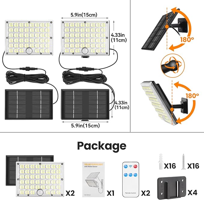 Solar Lights Outdoor Waterproof Motion Sensor Security Lights with Remote, 3 Modes 184 LED Upgraded Convex Lens 150% Bright, 16.4 Ft Cord, Outdoor Flood Light for Backyard, Garage, Barn