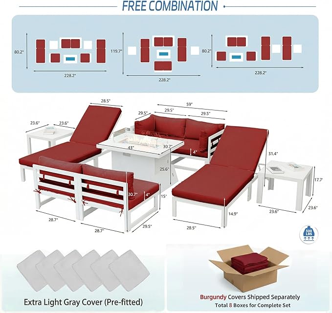 NICESOUL 6 Person Modern Aluminum Outdoor Patio Furniture Set with Lounge Chair & Firepit, 29" Wide Deep Seating, UV Resistant Modular Sectional Couch, Large Conversation Set for Poolside, Burgundy