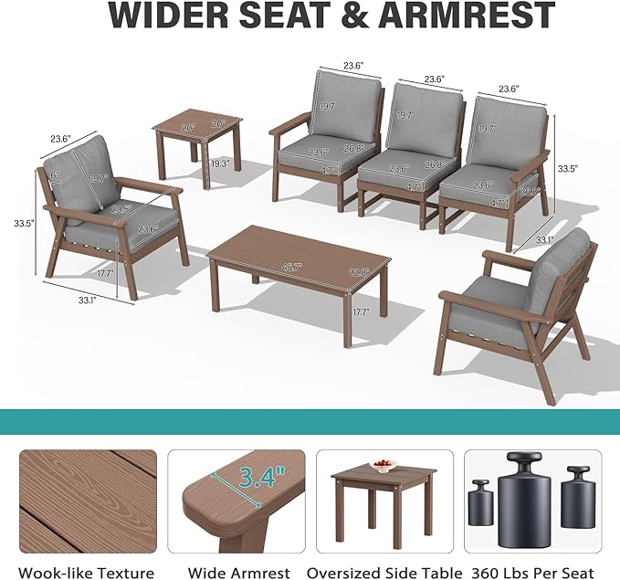 LOUNZY HDPE Patio Furinture Set, 6 Piece Sectional Sofa Outdoor Furniture Set, All Weather Outdoor Couch Set Patio Conversation Set for Deck, Lawn, Brown