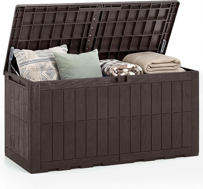HAPPYGRILL 120 Gal Outdoor Deck Box, Lockable Storage Bin with Lid and Handles, Waterproof and Sun-Protective Patio Bench and Storage Box for Garden Tools Pool Supplies (Dark Brown, 120Gallon)