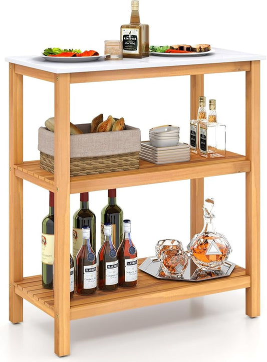 Goplus Patio Wooden Sideboard, 3-Tier Acacia Outdoor Kitchen Buffet Organizer w/Marble-Like Countertop & 2 Slatted Shelves, Garden Potting Bench Table & Plant Stand for Backyard, Garden, Deck
