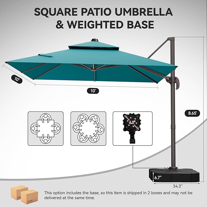 GENTEACO 10X10 FT Cantilever Umbrella with Base Included, Large Offset Patio Umbrella with Double Top, 6 Angle Tilts & 360° Rotation, Large Square Sun Umbrellas for Outdoor Pool Market, Turquoise Blue