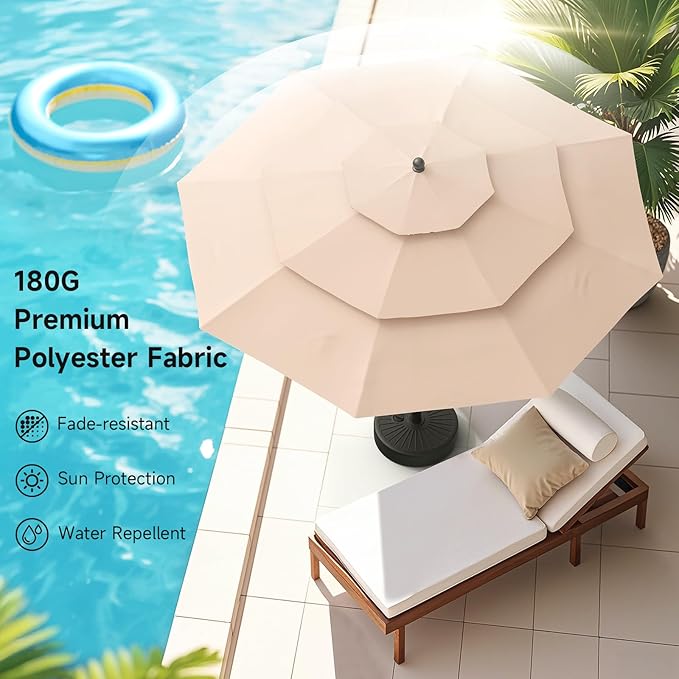 10 FT Patio Umbrella, 3 Tier Outdoor Table Umbrella with 8 Sturdy Glass Fiber Ribs and Push Button Tilt, Outdoor Patio Umbrellas for Market Pool Garden Backyard, 1.5" Pole, Champagne (No Base)