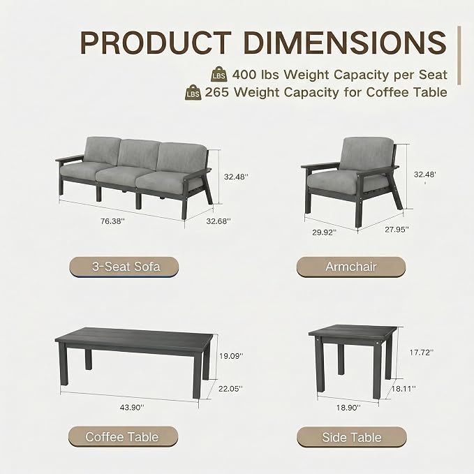 Kingdura HDPE Patio Furniture Set, 4 Piece Outdoor Sectional Sofa with Coffee Table, All Weather Outdoor Couch Conversation Set with Washable Cushions for Backyard Poolside Balcony