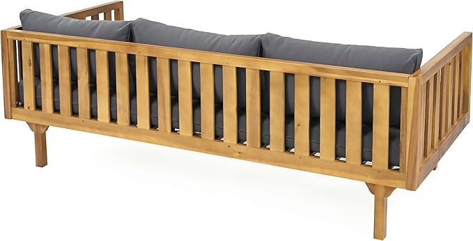 Merax Outdoor Acacia Wood Conversation Set - Patio 3-Seat Loveseat Sofa w/Coushion and Round Coffee Table for Backyard, Lawn, Balcony, Teak+Dark Gray/Light Teak