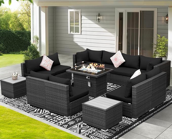 NICESOUL 13 Piece Outdoor Sectional Furniture with Firepit, Contemporary Back Yard Fireplace w/Seating Area, Plus Size 29.3'' High Back Patio Set, All-Weather Wicker Couch for Exterior, Gray & Black