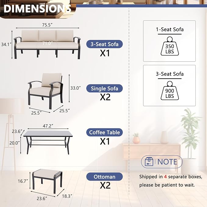 Kurapika Aluminum Patio Furniture Set 5-Seat Modern Outdoor Conversation Sets w/2 Ottomans with Rectangular Coffee Table, Sand