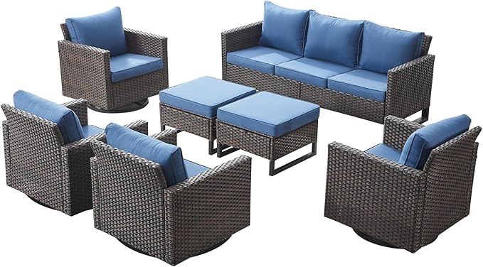 Rilyson Wicker Outdoor Patio Furniture Set - 7 Piece Patio Conversation Set with 4 Swivel Rocker Chairs,2 Rattan Ottoman and 1 Couch for Outside Porch Deck Backyard(Brown/Blue)