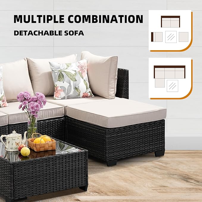 5 Pieces Patio Furniture Set, Wicker Outdoor Sectional Sofa with Cushion & Coffee Table, Wider Armrest Patio Conversation Sofa for Party, Garden, Sunroom, Beige