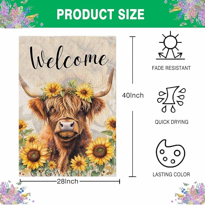 Welcome Spring Highland Cow House Flag 28x40 Double Sided for Outside, Burlap Yard Flag Spring Flower Sunflower for Farmhouse Holiday Outdoor Decor
