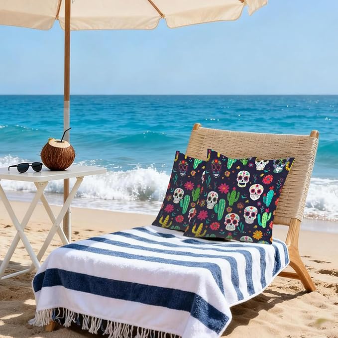 20x20 Inch Outdoor Pillow Covers Set of 2 Waterproof Throw Pillow Covers Decorative Couch Cushion Covers Mexican Skulls Cacti Flowers Square Pillowcases Protectors for Patio Garden Sofa