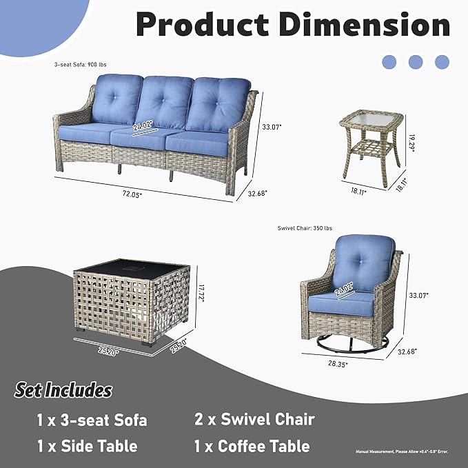ovios 5 Piece Outdoor Patio Furniture with 3 Seat Sofa,Rattan Wicker Coversation Set with Swivel Rocking Chair,Balcony Sofa Set with Shiny Table for Outside Porch Backyard Pool, Blue