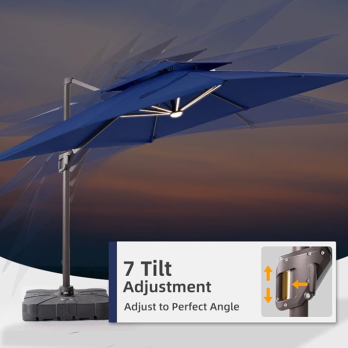9x12 FT Patio Umbrella with Weighted Base and LED Lights Cantilever Outdoor Large Heavy Duty Rectangle Aluminum Offset Umbrellas Double Top 360 Rotation for Pool Deck Garden, Navy