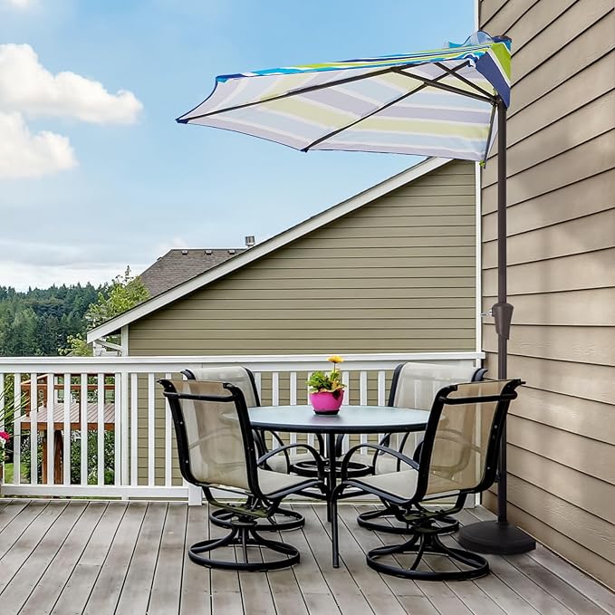 JEAREY 9ft Half Umbrella Outdoor Patio Umbrella Market Umbrellas with Crank, 1/2 Round Wall Umbrella 5 Sturdy Ribs UV Protection for Pool Garden Balcony Deck, Blue & Green Strip