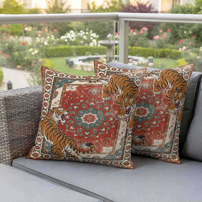 Tiger Print Outdoor Pillow Covers 18"x18" Set of 2, Boho Vintage Animal Orange Red Floral Geometric Waterproof Throw Pillow Covers for Patio Furniture, Decorative Cushion Covers for Porch