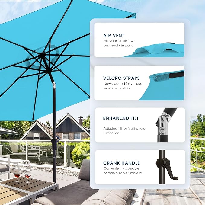 wikiwiki 11FT Patio Umbrella with Base, Outdoor Umbrellas with Base Included, 8 Sturdy Ribs, Waterproof Fade Resistant POLYESTER DTY Canopy for Deck, Lawn, Garden, Backyard & Pool, Sky Blue