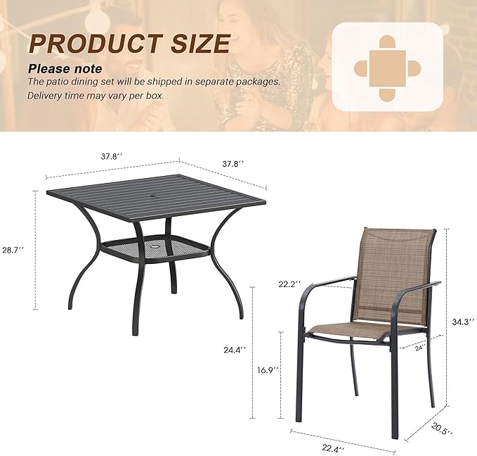 VICLLAX 5 Pieces Patio Outdoor Dining Set, 38" Square Metal Dining Table with Umbrella Hole and 4 Stackable Textilene Chairs for Lawn, Garden, Porch, Black/Brown