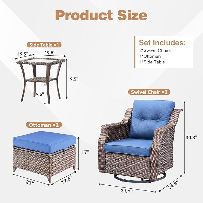 Outdoor Swivel Rocking Chair Set（ 5PCS ）,All-Weather Wicker Rocking Chair Combination PE Rattan with Elegant Side Table Ideal for Courtyards, Balconies, Patios, and Porches Brown/Blue