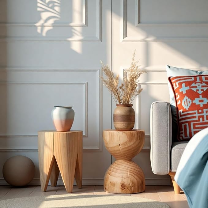 Wood Side Table、Round Wood Coffee Table, Wooden Stool, Side Table, Round end Tables Living Room(Color:Log Color)