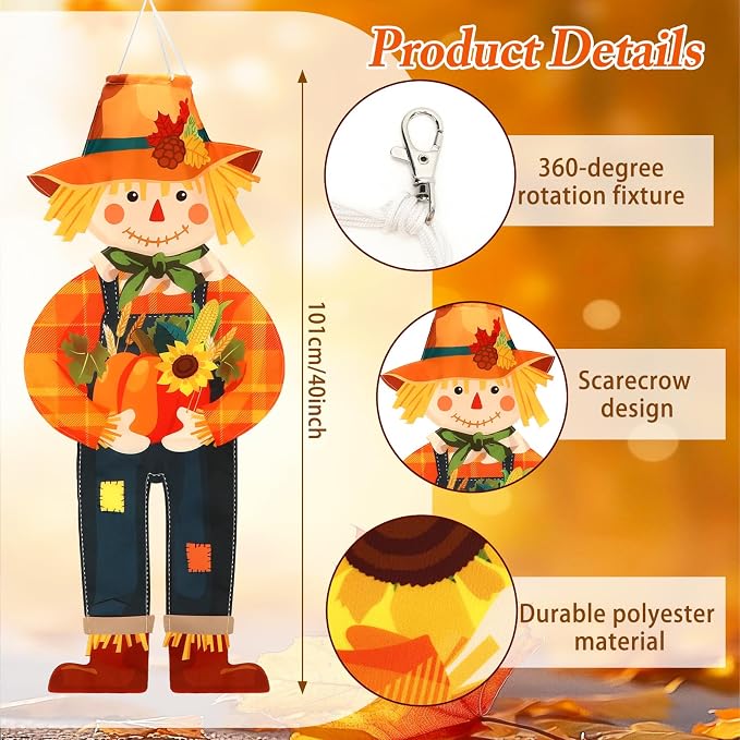 NOVWANG 2 Pcs Fall Scarecrow Windsocks, Autumn Outdoor Hanging Flag Fall Scarecrow Hanging Sign Thanksgiving Outside Flag for Yard Lawn Patio Garden Party Decorations