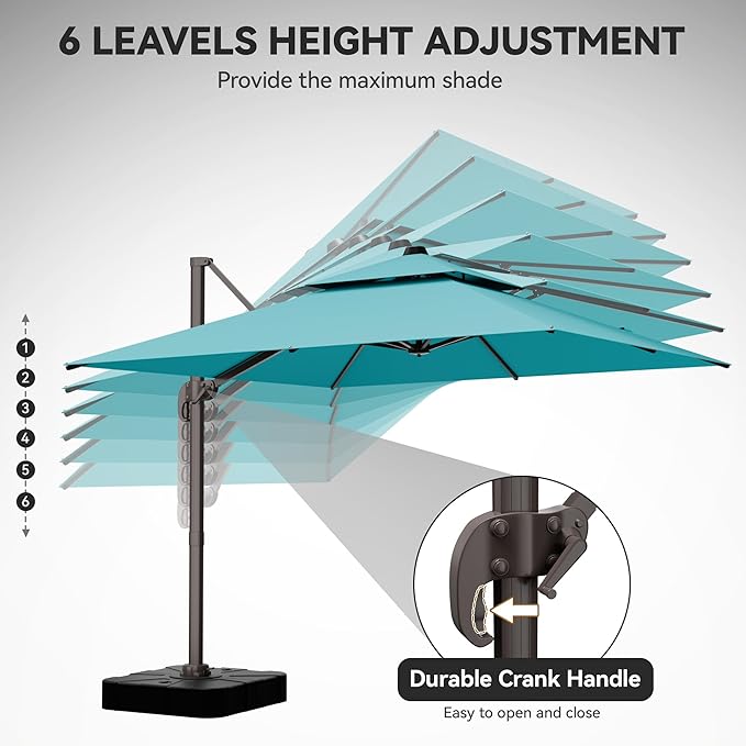 GENTEACO 10X10 FT Cantilever Umbrella, Large Offset Patio Umbrella with Double Top, 6 Angle Tilts & 360° Rotation, Large Square Sun Umbrellas for Outdoor Patio Pool Deck Market, Turquoise Blue
