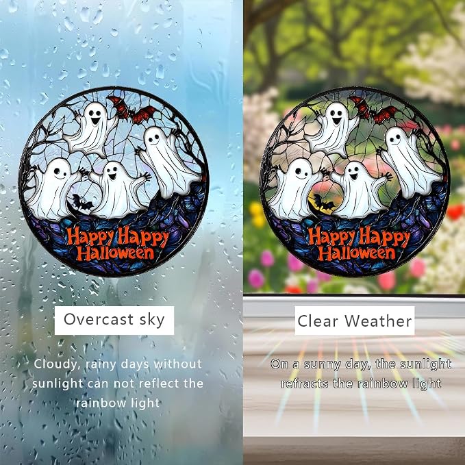 Acrylic Halloween Sun Catcher - 7.87 Inch Ghosts Round Suncatcher for Window Hanging Decoration - Creates Indoor Rainbows Light Refraction - Spooky Ghost, Witch, Pumpkin Design