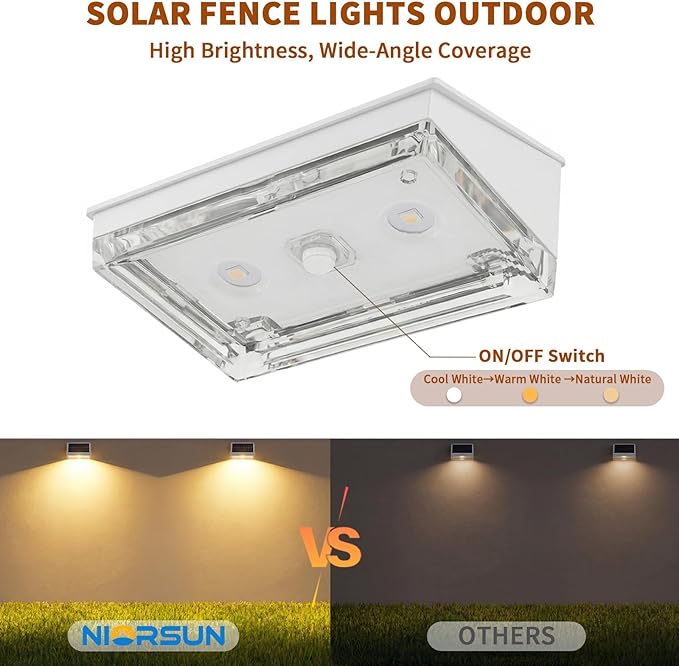 NIORSUN Solar Fence Lights 12 Pack, Outdoor Solar Lights with 3 Color Temperatures, IP65 Waterproof Wide-Angle LED Lighting for Fence, Patio, Yard, Deck, Wall, Garden (White)