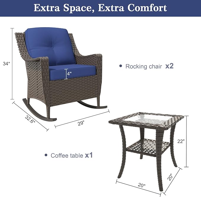 3 Pieces Patio Rocking Chairs, 2 High Back PE Rattan Furniture Set and Side Table, Outdoor Wicker Furniture Set, All Weather Patio Set with Waterproof Cushion for Porch and Deck
