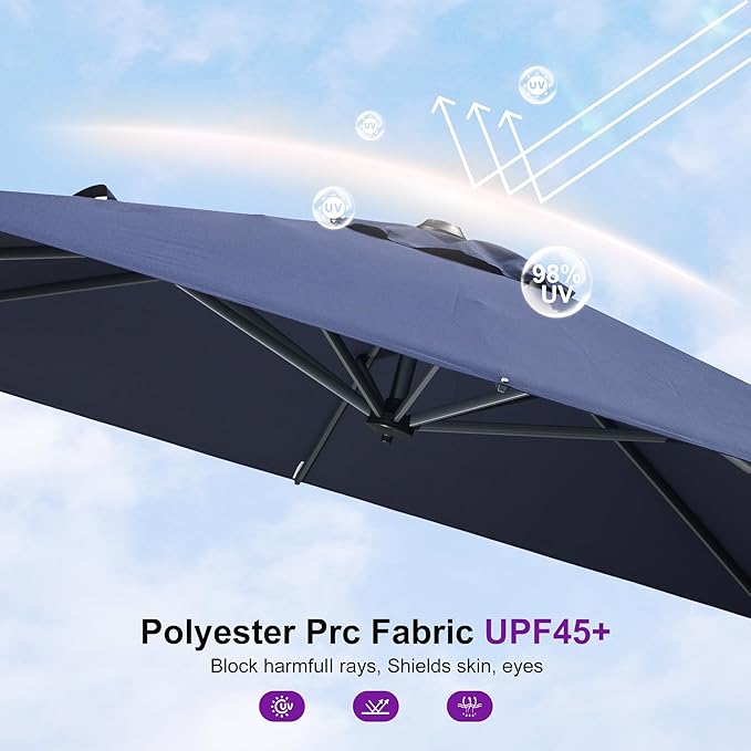 PURPLE LEAF 8' X 8' Patio Umbrella with Steel Plate Base for Pool 7' High Offset Outdoor Cantilever Umbrella Swimming Pool Umbrella with 360°Rotation for Poolside Navy Blue