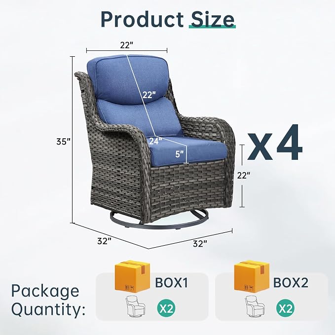 Outdoor Swivel Rocker Patio Chairs Set of 4-5" Thick Cushion 4 Piece Furniture Set All Weather Comfortable Wicker Conversation Set for Porch Poolside and Deck - Gray/Blue