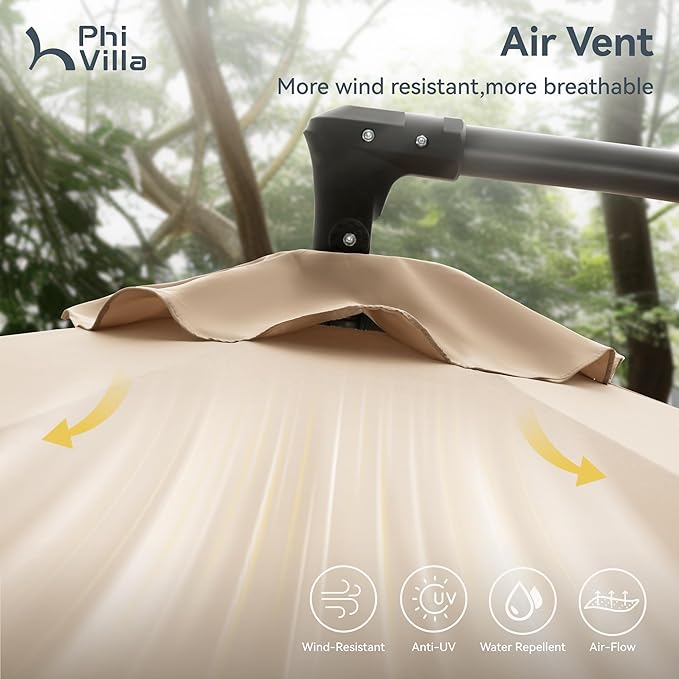 PHI VILLA 10ft Offset Patio Umbrellas, Outdoor Market Hanging Umbrella with 8 Ribs & Cross Base(No Weight), for Deck Pool Porch Backyard, Beige