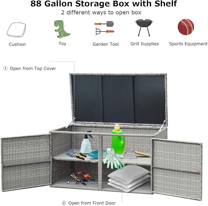 Tangkula Outdoor Wicker Storage Box, Garden Deck Bin with Steel Frame, Rattan Storage Box with Lid, Ideal for Storing Tools, Accessories, 88 Gallon Capacity (Grey)