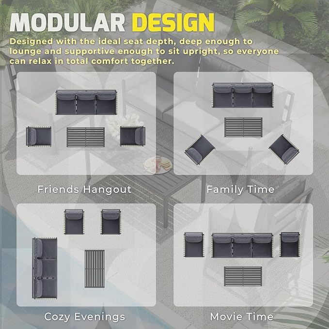 AECOJOY Aluminum Patio Furniture Set 10 Seats Outdoor Sectional Couch with Coffee Central Table Patio Conversation Sets for Porch Deck (Dark Grey, 8PCS, 10 Seat)