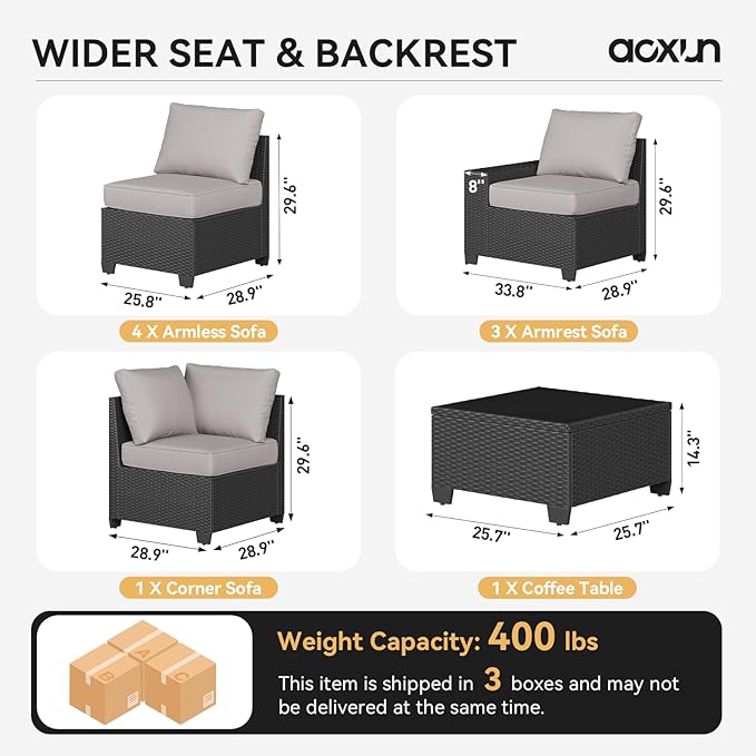 Aoxun Patio Furniture Set, 9 Pcs Outdoor Patio Furniture Sets with 4 in Thicken Cushion, Widen Armrests Wicker Outdoor Sectional for Backyard (Waterproof Cover Include)