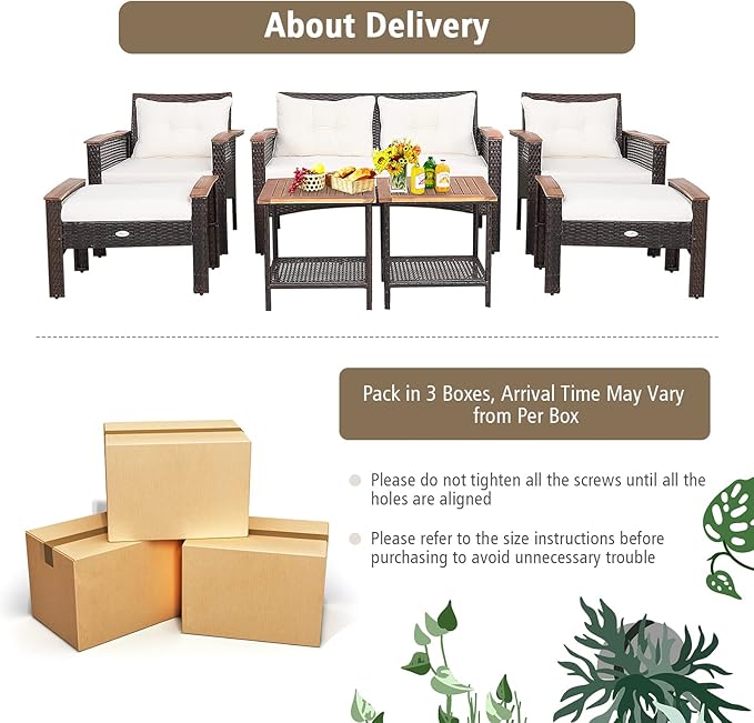 Tangkula 7 Piece Wicker Patio Furniture Set, Patiojoy Acacia Wood Patio Conversation Set with 2 Ottomans and 2 Storage Side Tables with Lower Shelf, Outdoor Cushioned Sectional Sofa Set (Off White)