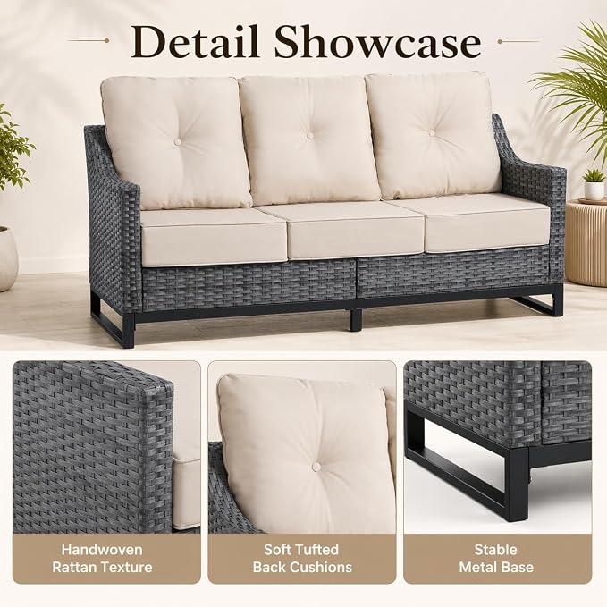Outdoor Wicker 3-Seat Sofa, All-Weather PE Rattan Patio Couch with Cushions & Metal Frame for Backyard, Porch, Garden, Deck, Beige