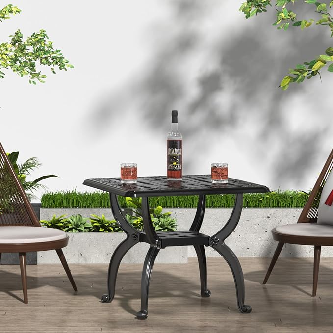 21" Patio Bistro Table, Cast Aluminum Side Table, Outdoor End Table for Garden/Yard/Pool/Porch, Black