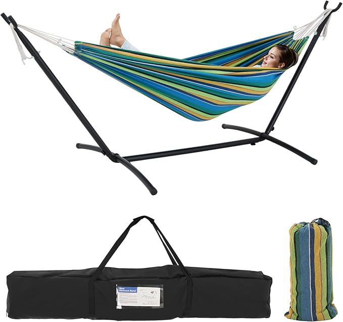 Double Hammock with Stand Included 450lb Capacity Space Saving Steel Stand,Premium Carry Bag Included,Suit for Outside,Indoor,Yard,Camping(Vigor Green).