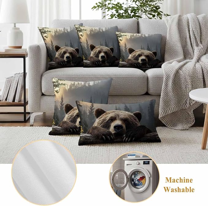 Bear Outdoor Pillow Covers 18"x18" Set of 2, Animal Wood Fence Forest Farmhouse Waterproof Throw Pillow Covers for Patio Furniture, Decorative Cushion Covers for Porch