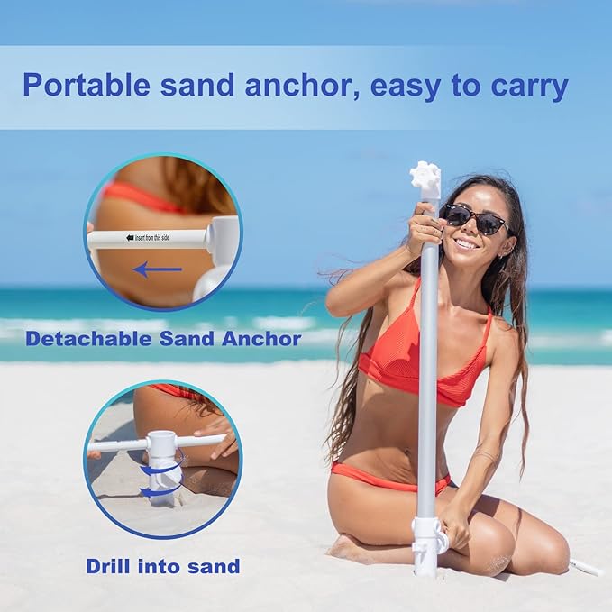 AMMSUN 8ft Large Beach Umbrellas for Sand Heavy Huty Wind Portable Commercial Grade Patio Beach Umbrella with Sand Anchor Adjustable Height Air Vent UPF 50+ Telescoping Pole without tilt Blue White