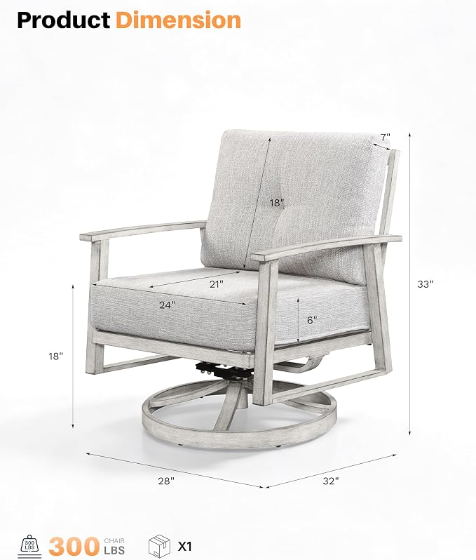 Outdoor Swivel Sofa Chairs Set of 2, Never Rusts All-Aluminum Outdoor Swivel Armchairs Set with Thick Cushions, 2-Piece All Weather Patio Sofa Chairs for Garden, Poolside, Lawn, White Oak