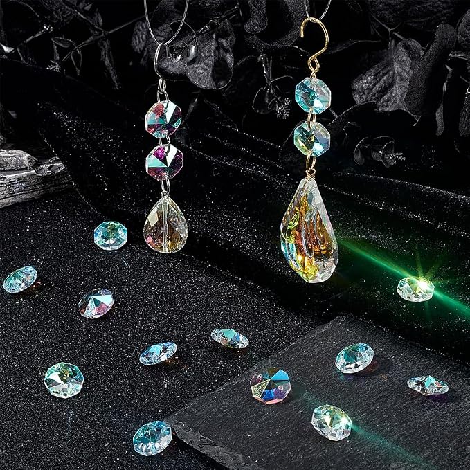 1 Box 120Pcs 14mm Crystal Glass Octagon Beads 2 Hole Prism Bead Bulk Colorful Chandelier Replacement Connector Suncatcher Faceted Spacer Bead for DIY Lamp Hanging Ornament Pendant Jewelry