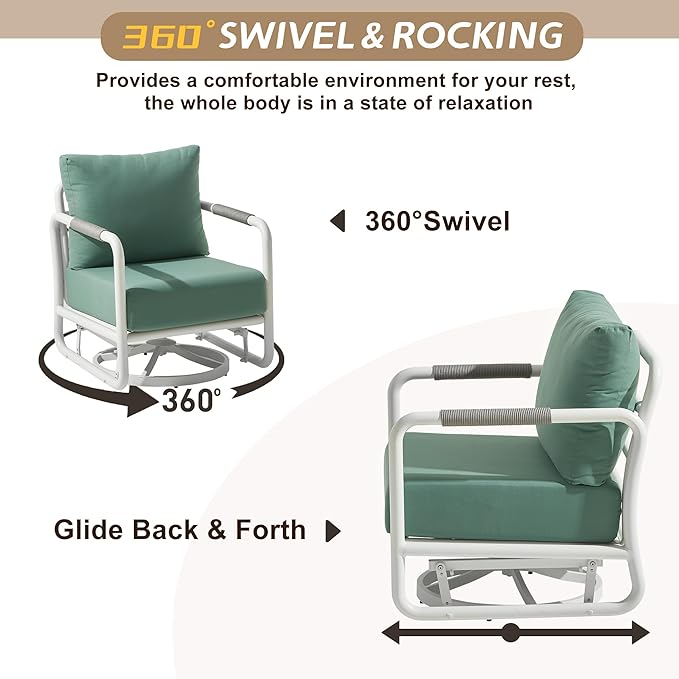 5-Piece Aluminum Outdoor Swivel Rocker Chair Set, 360° Swivel and Rocking Patio Chairs with 6.5-Inch Thick Cushions and Side Table, All-Weather Conversation Sofa for Backyard, Deck, Porch, Balcony