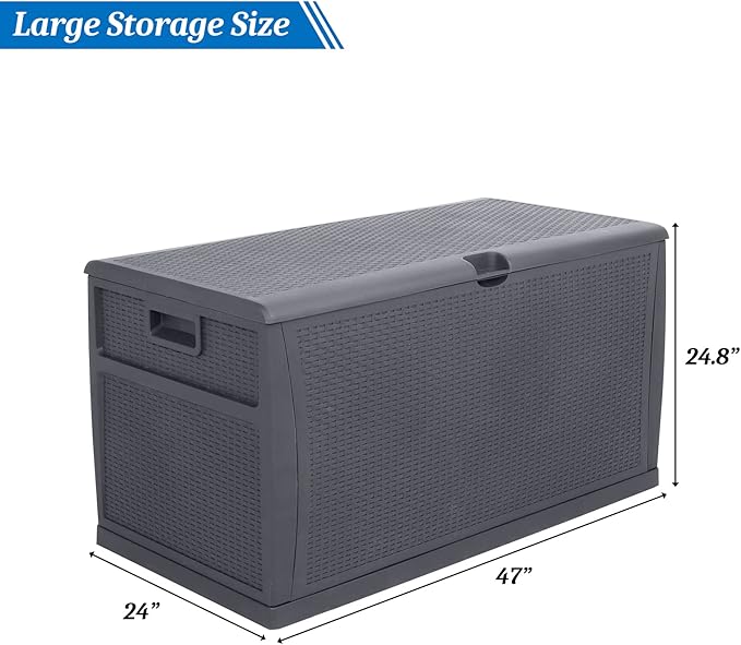 VINGLI 120 Gallon Large Deck Box Outdoor Storage Box with Lid, Plastic Patio Furniture Container Bin Rattan Grain Surface for Cushions Books Garden Tools Pool Accessories (Grey)