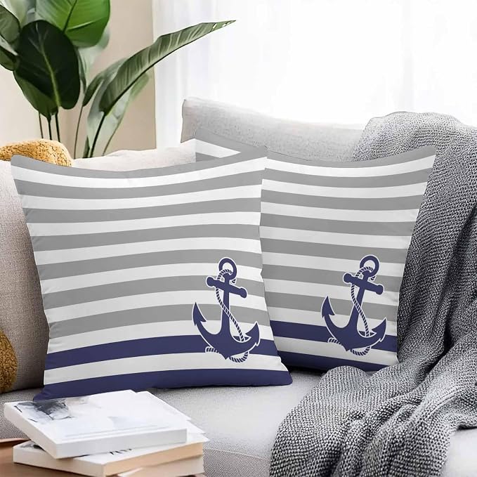 Throw Pillow Covers 24x24 Inch Set of 2, Anchor Gray Waterproof Outdoor Cushion Covers, Modern Navy Blue White Striped Nautical Decorative Pillowcases for Couch, Sofa, Bed, Garden, Patio