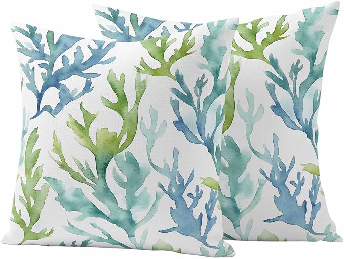 JasmineM Outdoor Pillow Cover 18x18 Inches Set of 2 Blue Teal Coral Waterproof Throw Pillow Covers Watercolor Green Decorative Pillowcases Garden Cushion Case for Patio Couch Sofa