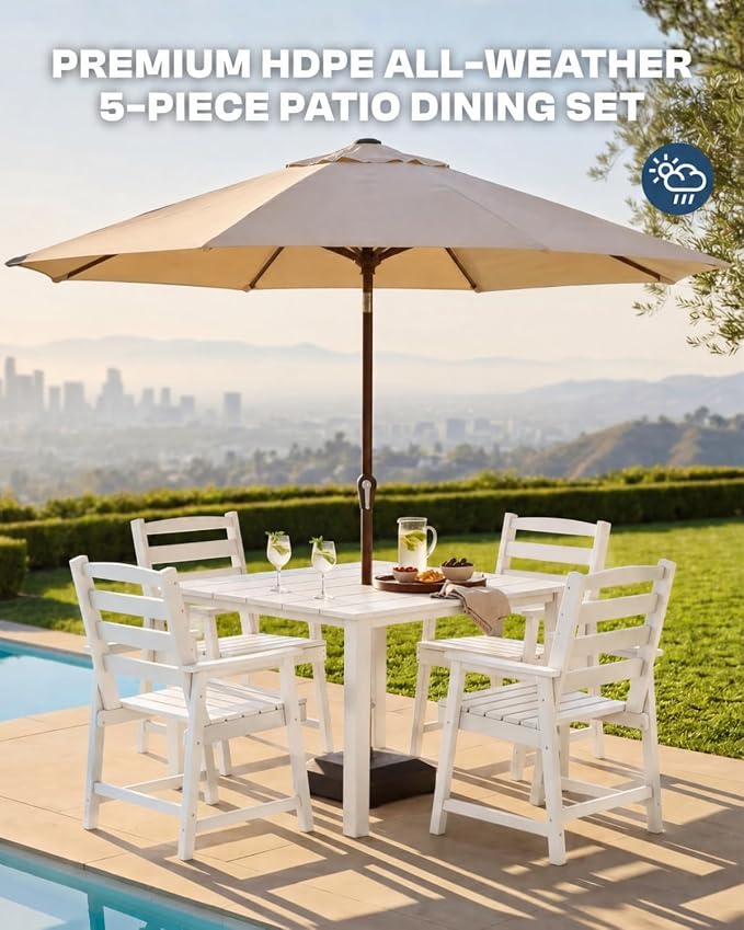 HDPE Outdoor Dining Set for 4, Armchairs, White | All-Weather HDPE, Wood Grain Finish, 42.5" Square Table, Built-In Umbrella Hole, Seats 4, Patio & Poolside Ready