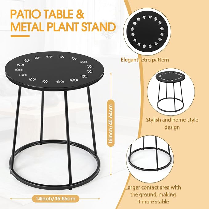 Vercraft Small Outdoor Side Table, 14" Patio Side Tables with Flower Cut Outs Weather Resistant Metal Outdoor End Table for Patio Outside Porch Balconies Garden(Black,Daisy)